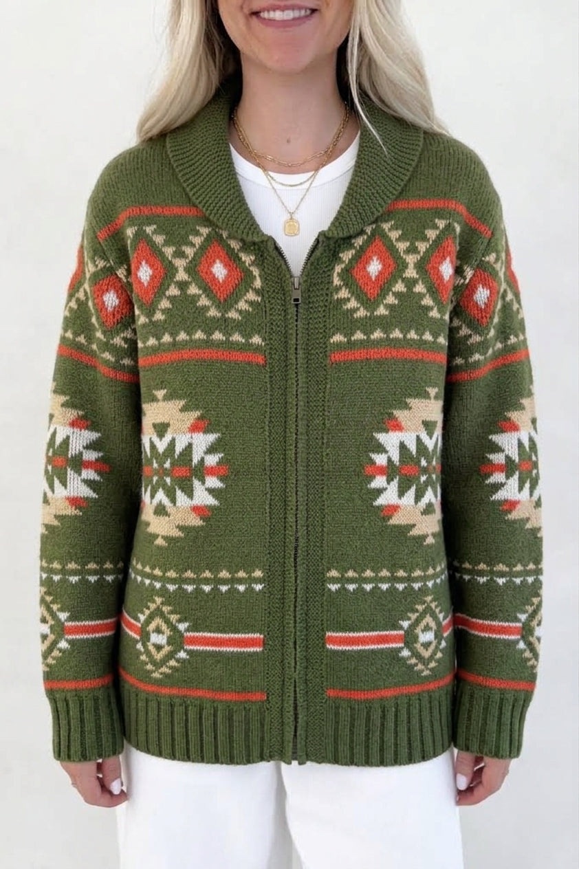Geometric Knit Shawl Collar Zip Jacket - Green