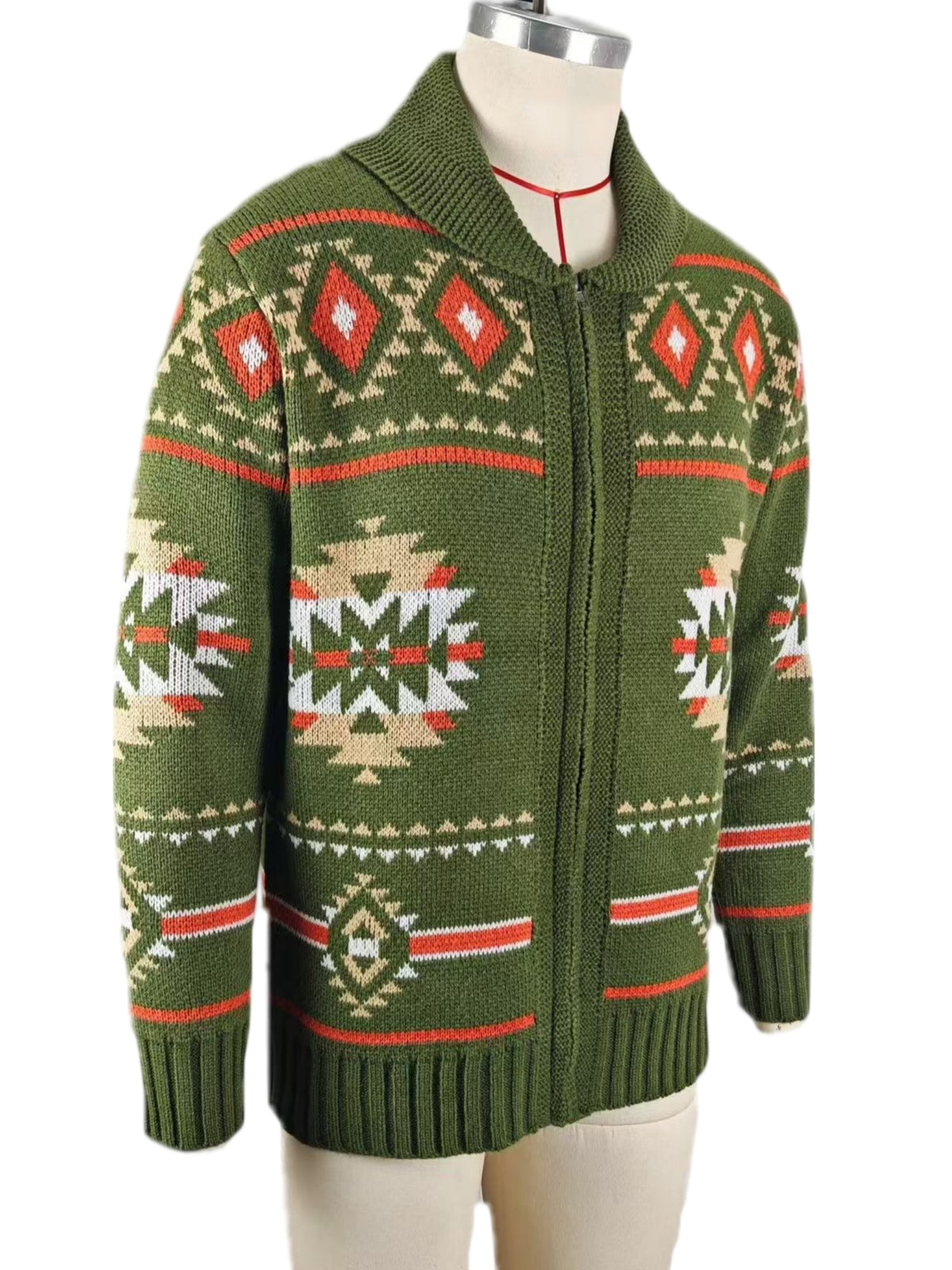 Geometric Knit Shawl Collar Zip Jacket - Green - 1