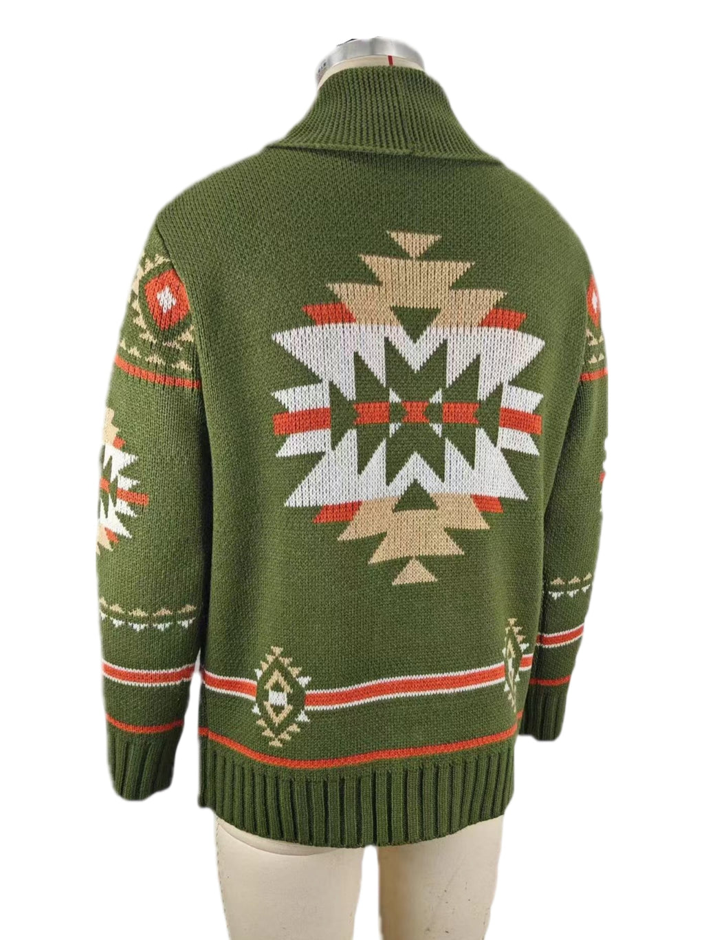 Geometric Knit Shawl Collar Zip Jacket - Green - 2