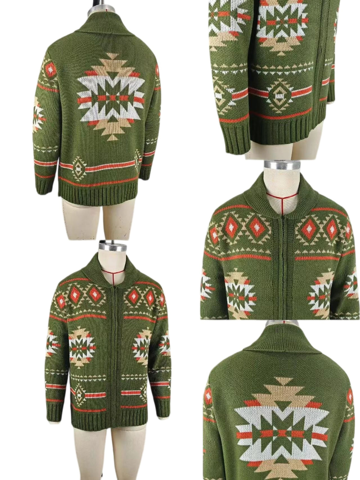 Geometric Knit Shawl Collar Zip Jacket - Green - 3