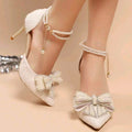 Pearl Ankle Strap Bow Pointed Toe Heels