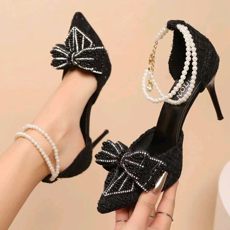 Pearl Ankle Strap Bow Pointed Toe Heels