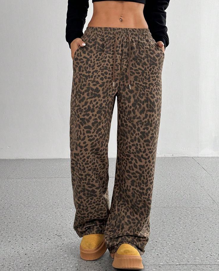 Animal Print Drawstring Wide Leg Trousers - Brown