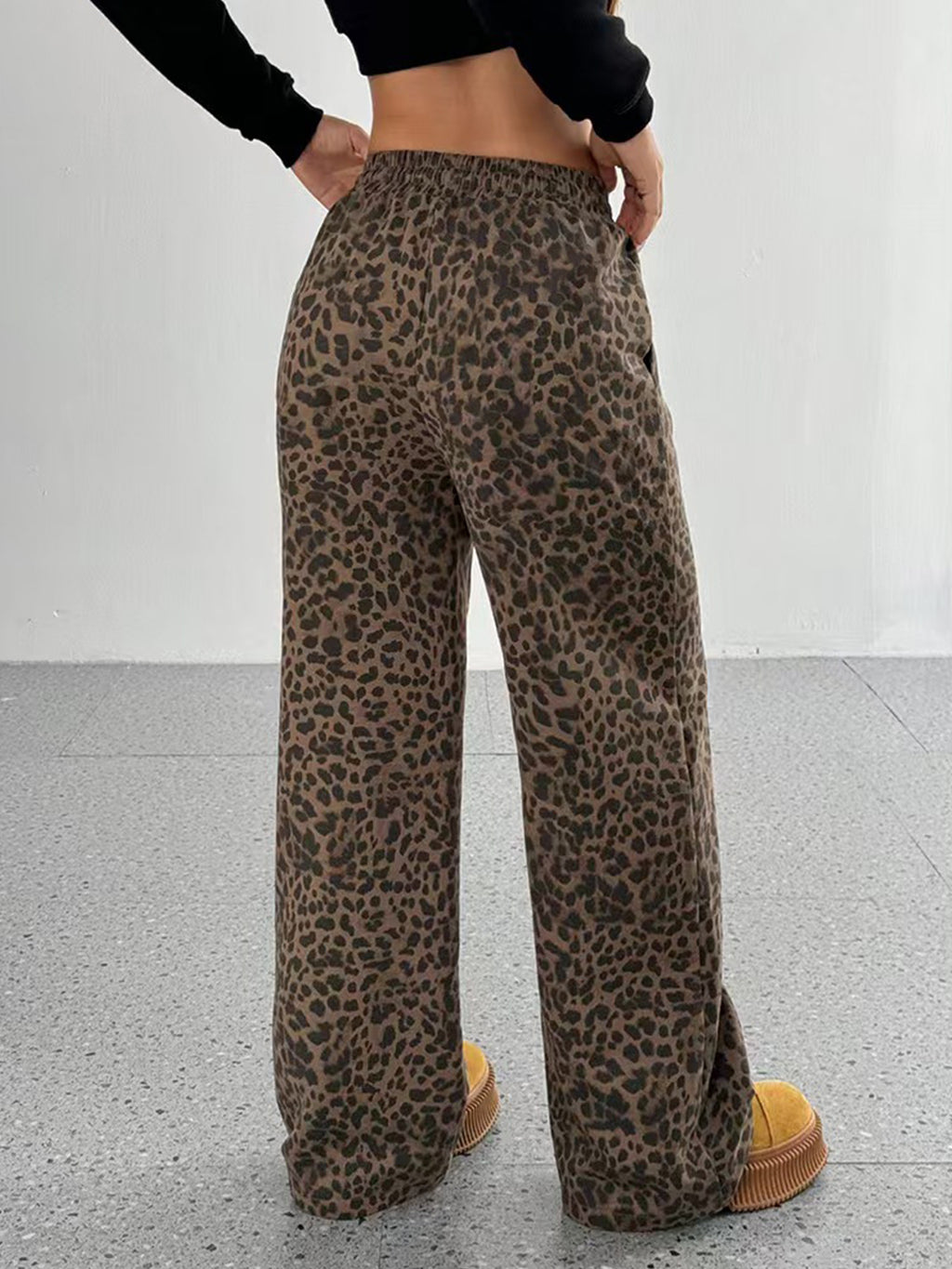 Animal Print Drawstring Wide Leg Trousers - Brown - 1