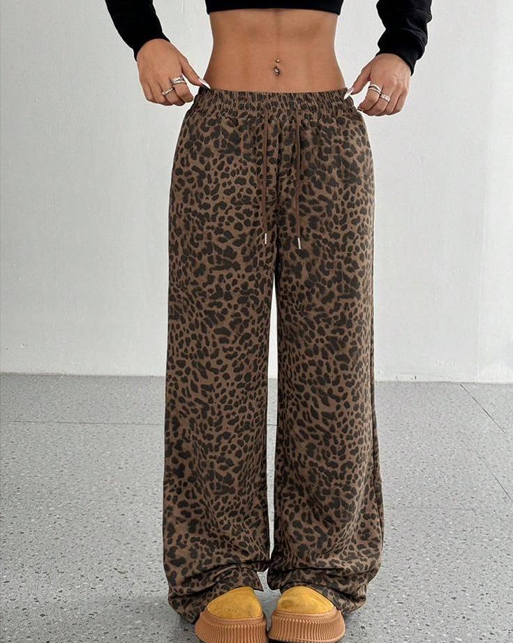 Animal Print Drawstring Wide Leg Trousers - Brown - 2