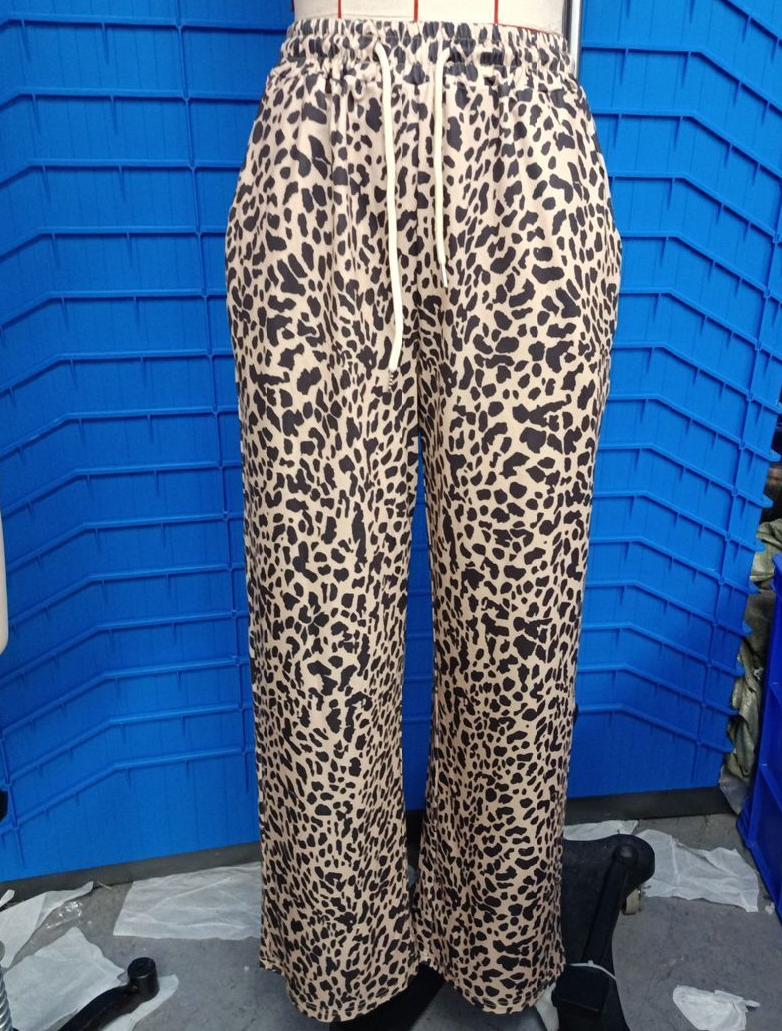Animal Print Drawstring Wide Leg Trousers - Leopard