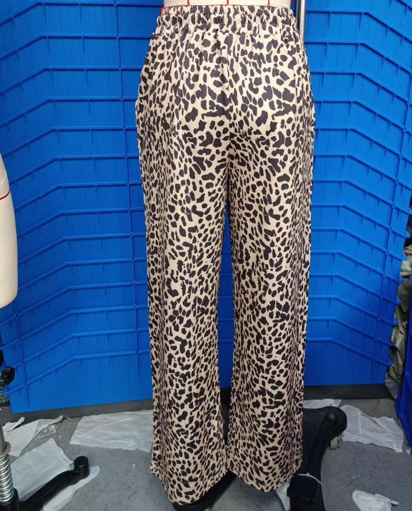 Animal Print Drawstring Wide Leg Trousers - Leopard - 1
