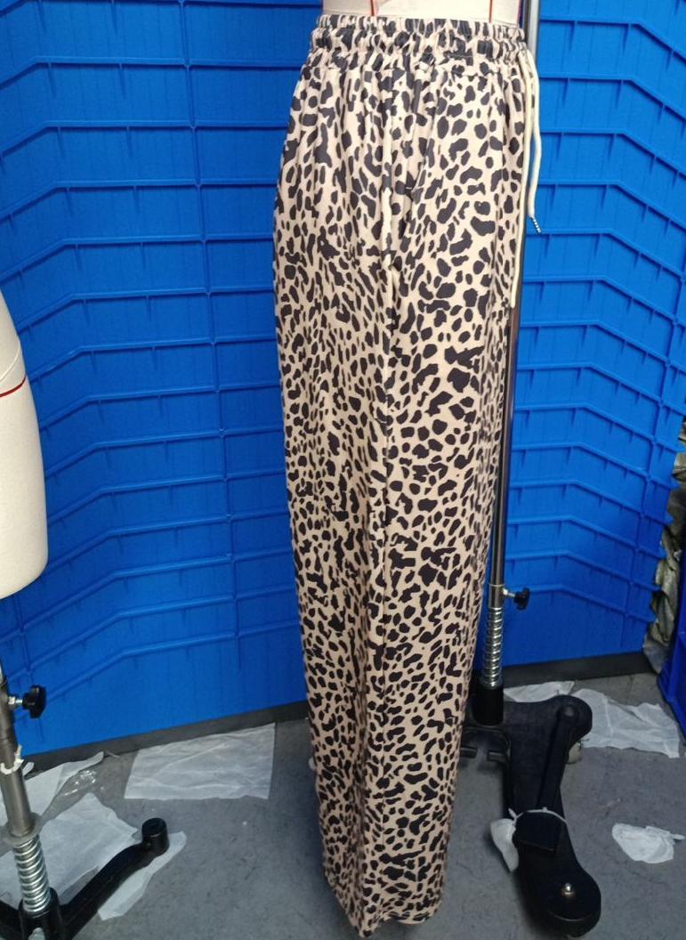Animal Print Drawstring Wide Leg Trousers - Leopard - 2