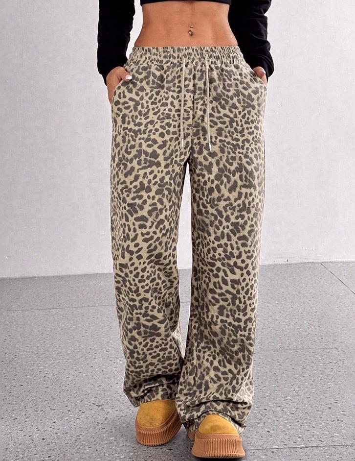 Animal Print Drawstring Wide Leg Trousers - Leopard - 3