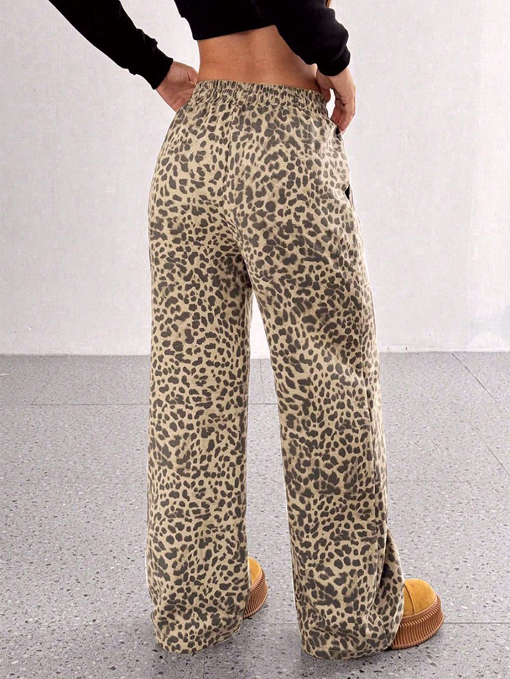 Animal Print Drawstring Wide Leg Trousers - Leopard - 4