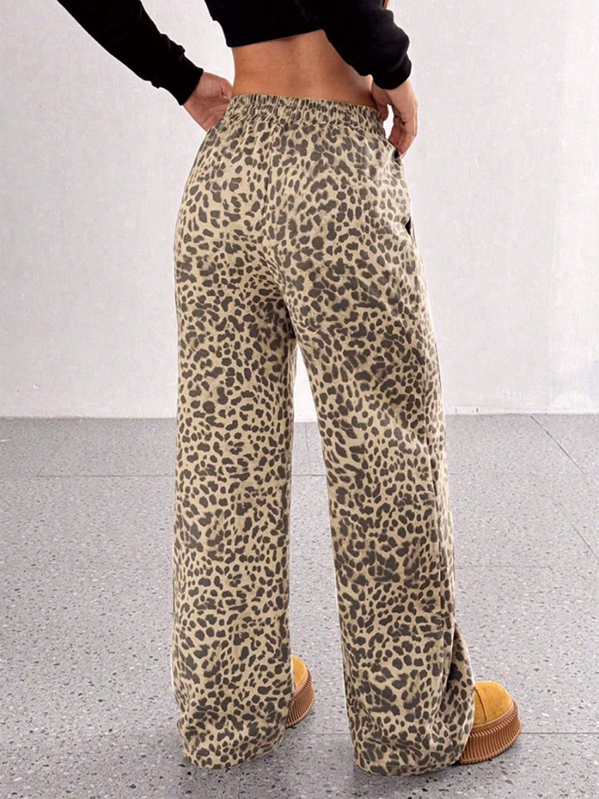 Animal Print Drawstring Wide Leg Trousers - Leopard - 4