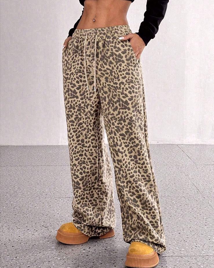 Animal Print Drawstring Wide Leg Trousers - Leopard - 5