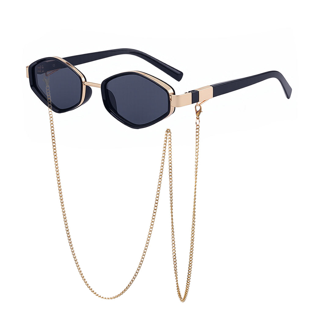 Hexagon Frame Sunglasses With Neck Chain - C3