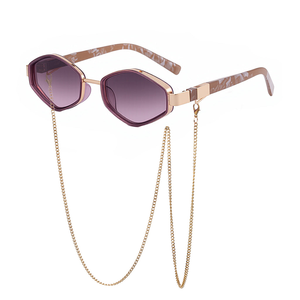 Hexagon Frame Sunglasses With Neck Chain - C6