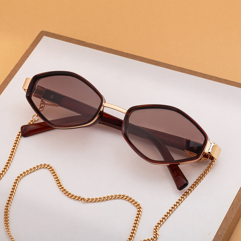 Hexagon Frame Sunglasses With Neck Chain