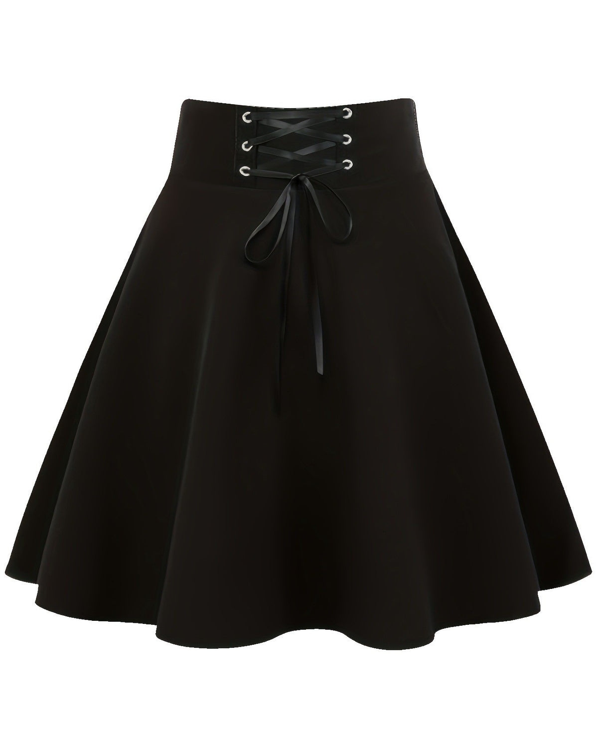 Corset Lace Up High Waist Skater Skirt - Black_1