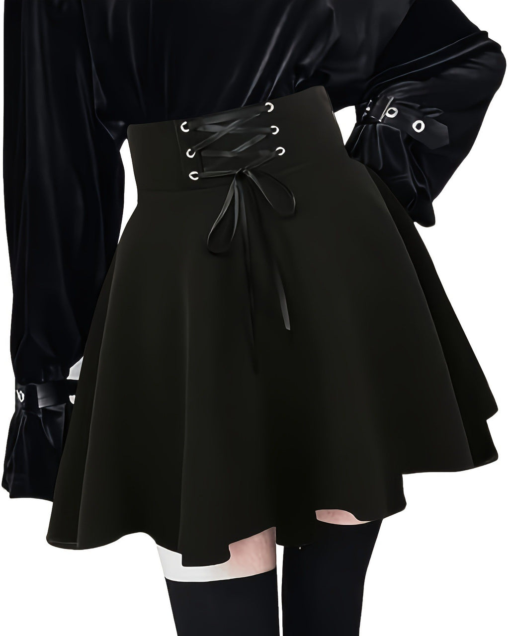 Corset Lace Up High Waist Skater Skirt - Black_2