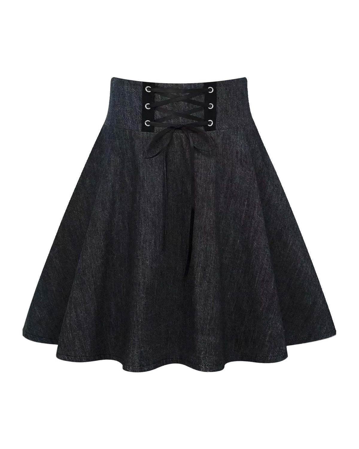 Corset Lace Up High Waist Skater Skirt - Black_2 - 1