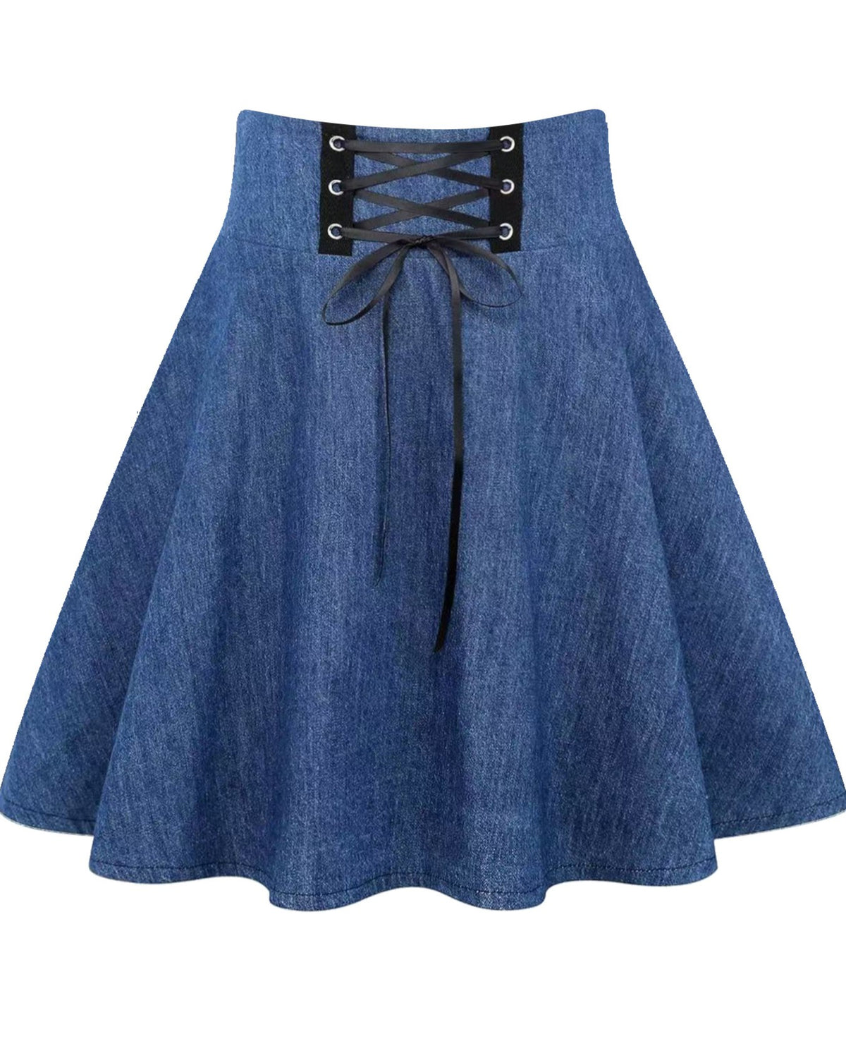 Corset Lace Up High Waist Skater Skirt - Denim-Blue