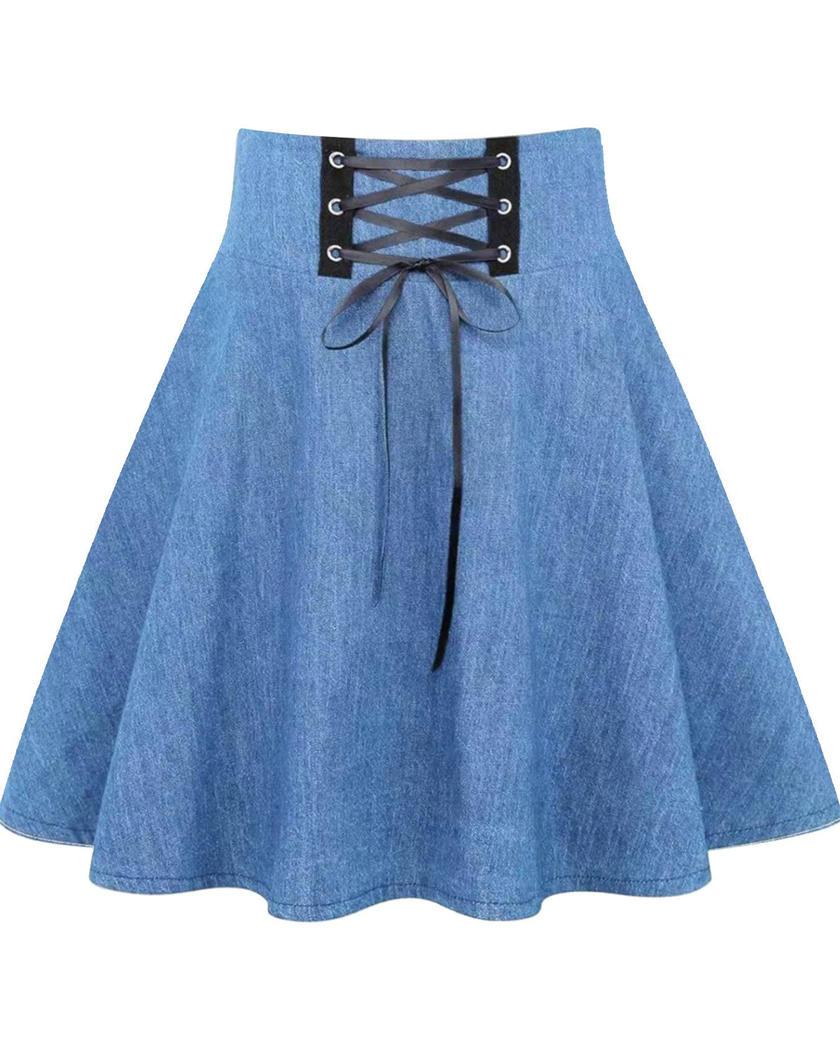 Corset Lace Up High Waist Skater Skirt - Light-Blue
