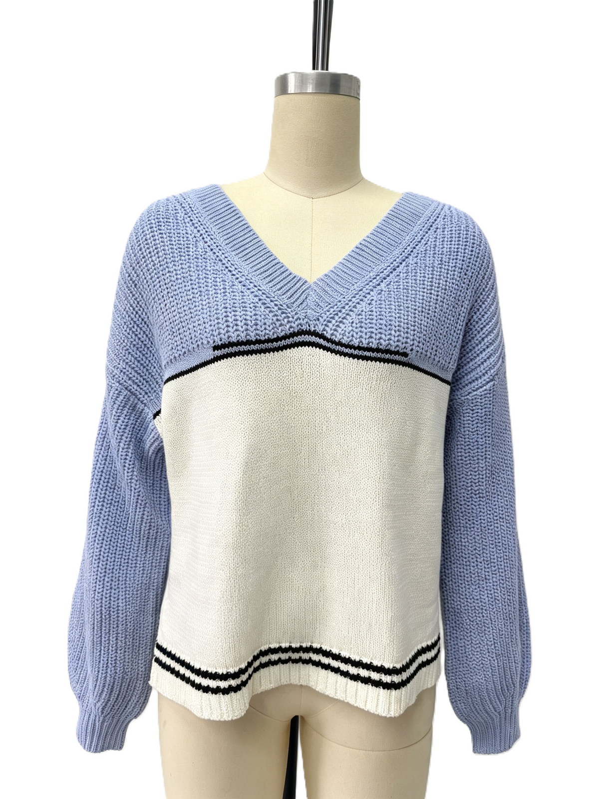 Chevron Two Tone V Neck Knit Sweater - Blue - 1
