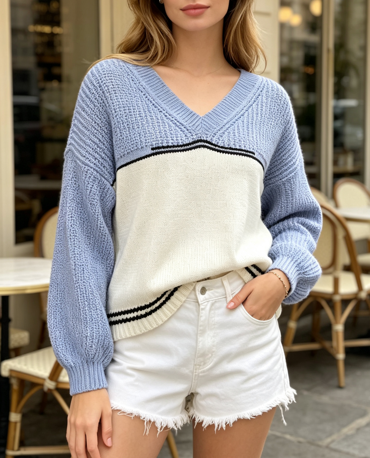 Chevron Two Tone V Neck Knit Sweater - Blue - 2
