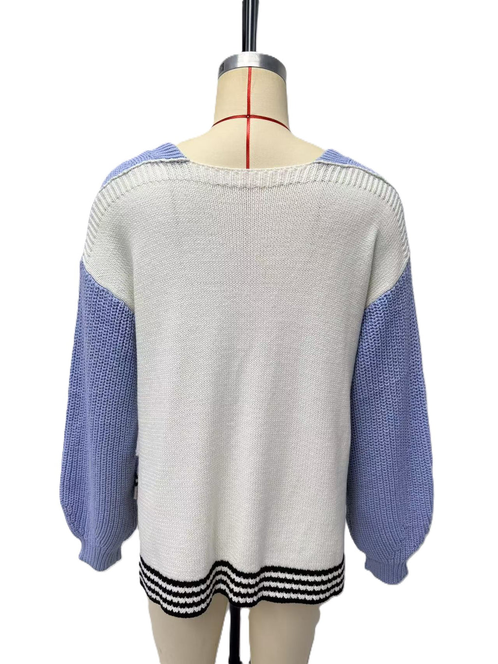Chevron Two Tone V Neck Knit Sweater - Blue - 3