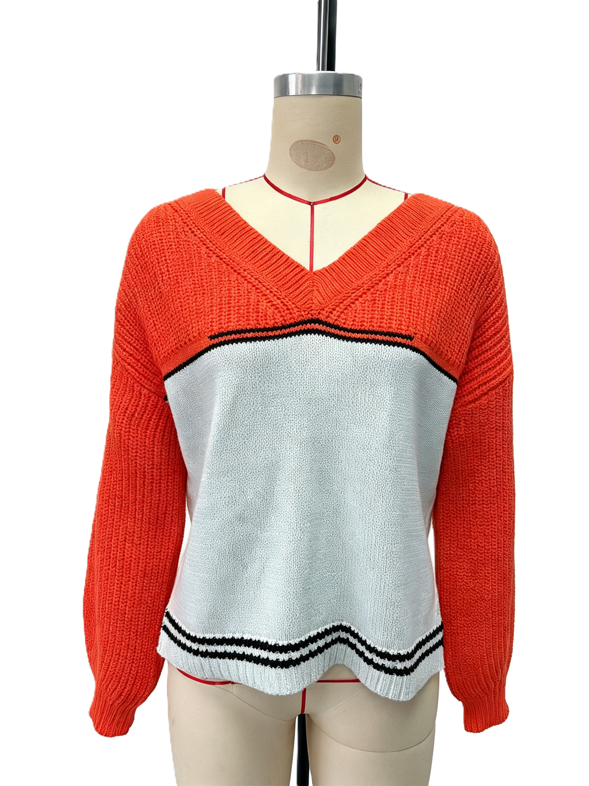 Chevron Two Tone V Neck Knit Sweater - Orange
