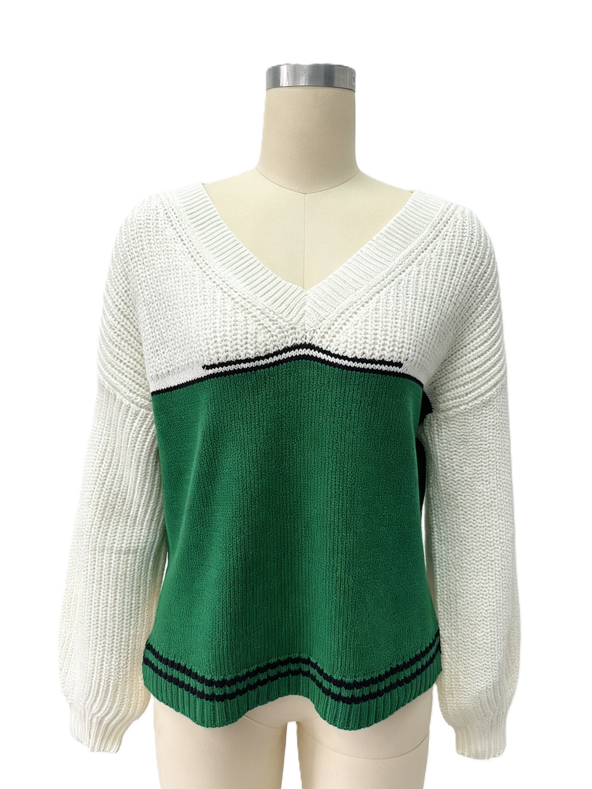 Chevron Two Tone V Neck Knit Sweater - White