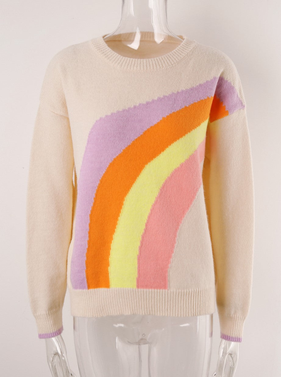 Rainbow Arc Colorblock Crewneck Knit Sweater - Apricot