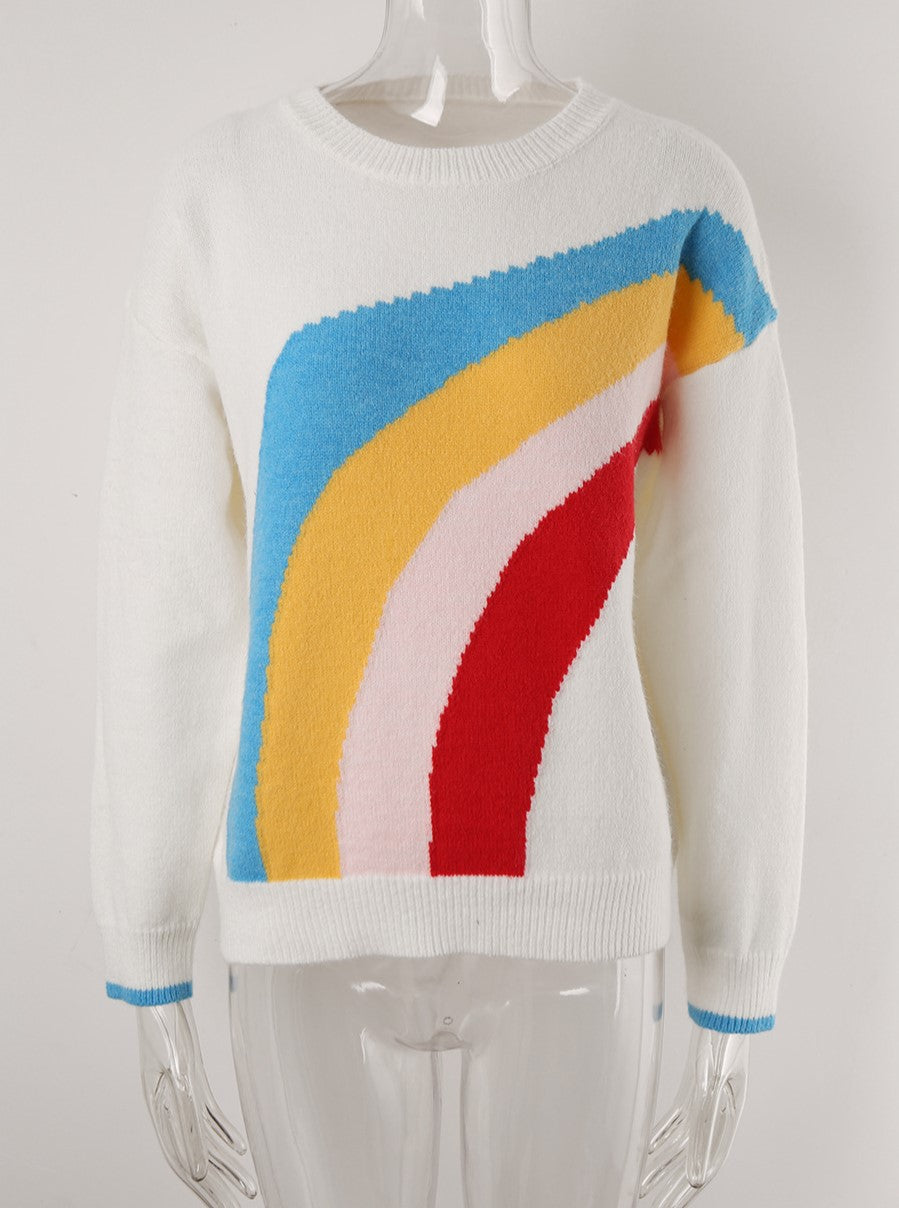 Rainbow Arc Colorblock Crewneck Knit Sweater - White