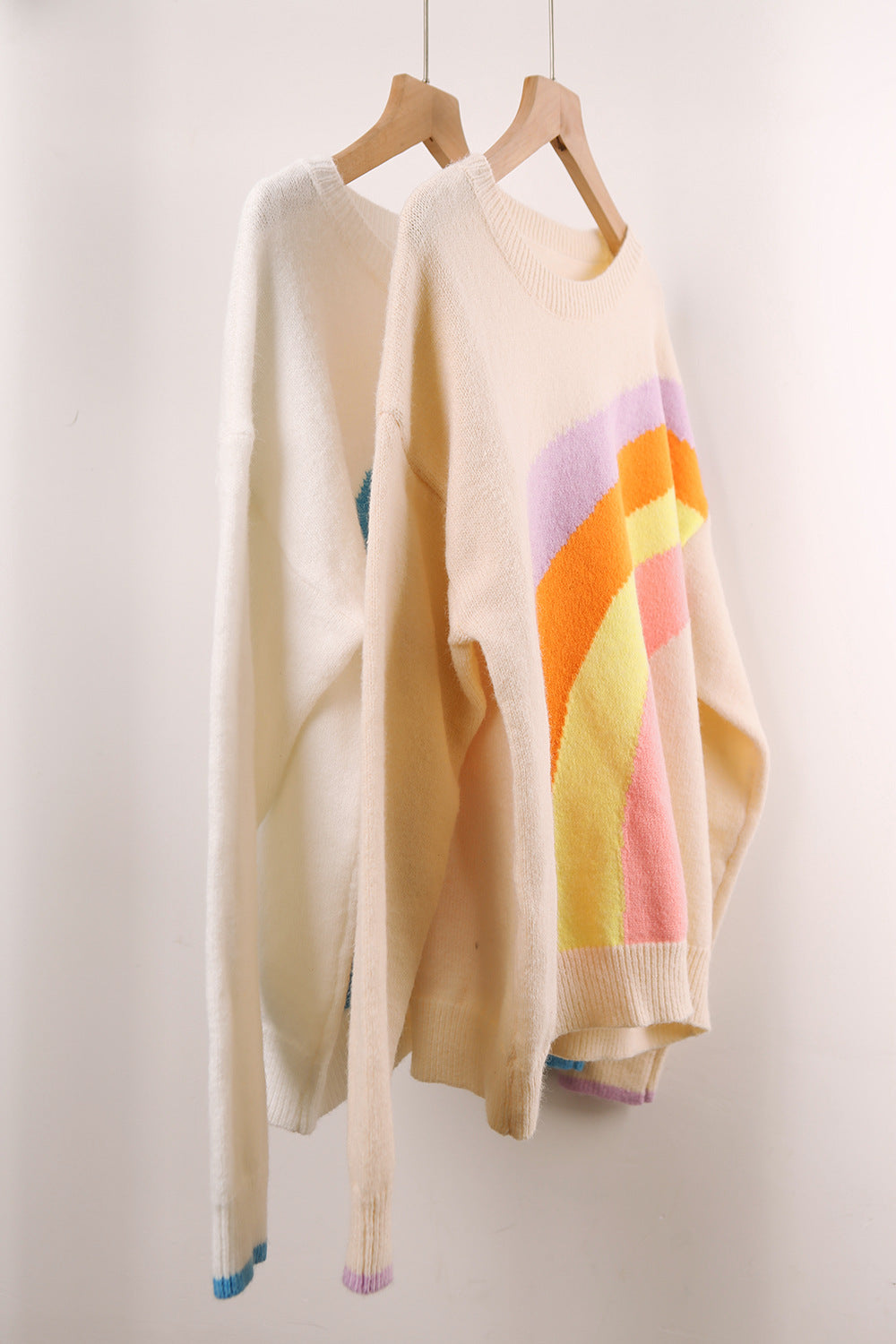 Rainbow Arc Colorblock Crewneck Knit Sweater - White - 1