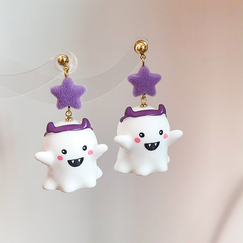 Witch Hat Ghost Star Drop Earrings - Purple
