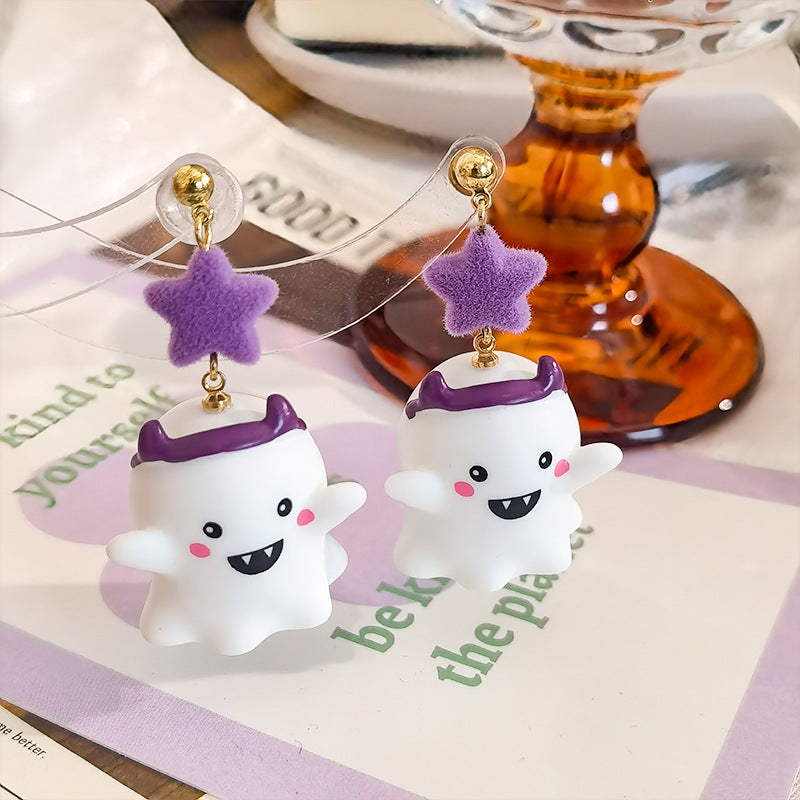 Witch Hat Ghost Star Drop Earrings - Purple - 2