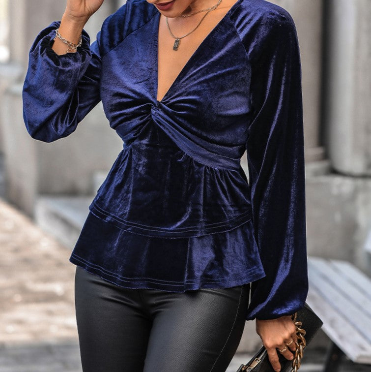Twist Front Velvet Peplum Blouse With Balloon Sleeves - Darkblue