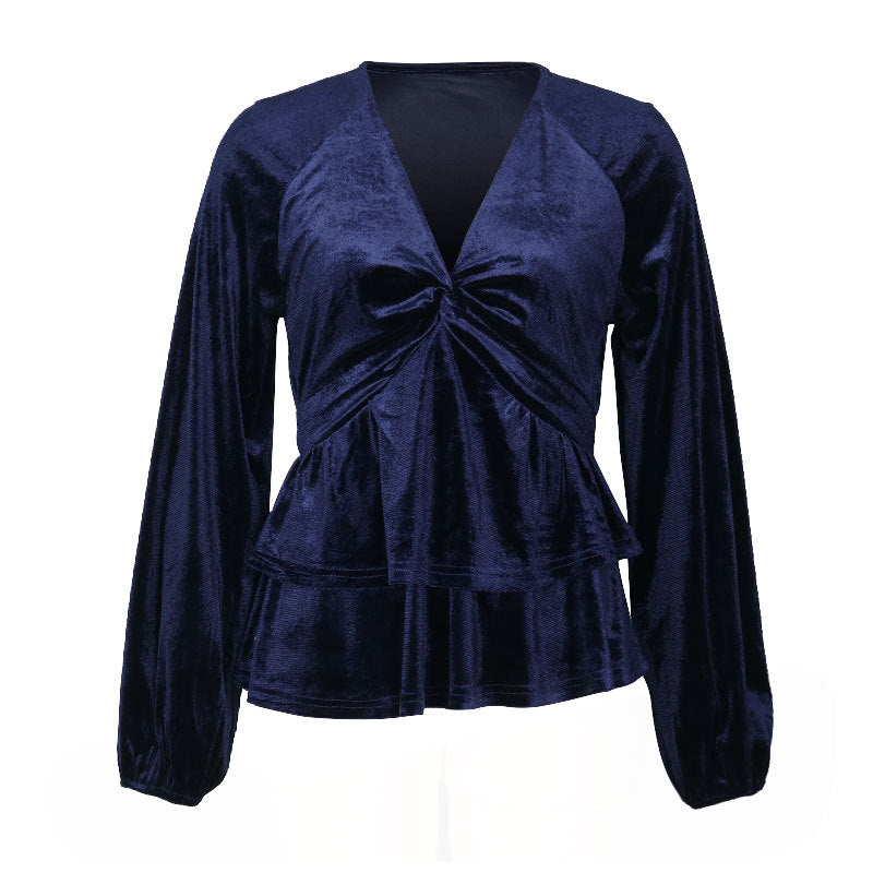 Twist Front Velvet Peplum Blouse With Balloon Sleeves - Darkblue - 1