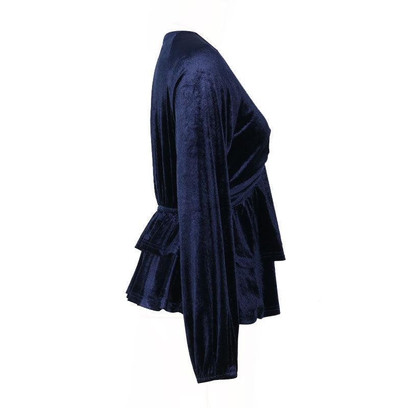 Twist Front Velvet Peplum Blouse With Balloon Sleeves - Darkblue - 2