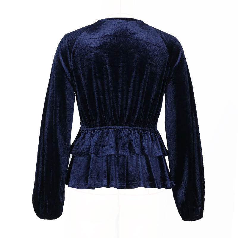 Twist Front Velvet Peplum Blouse With Balloon Sleeves - Darkblue - 3