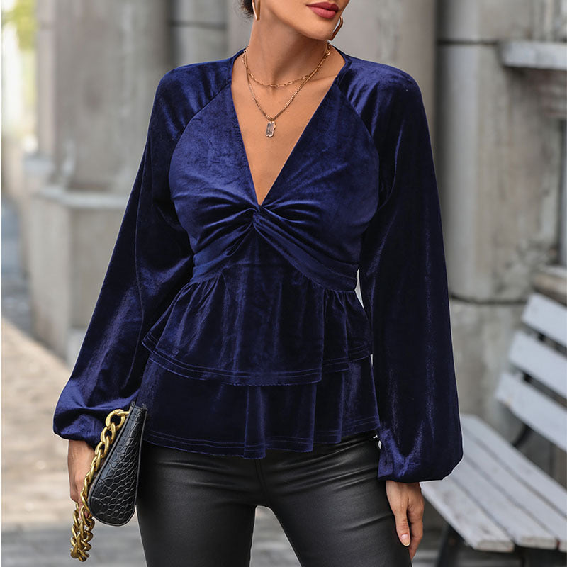 Twist Front Velvet Peplum Blouse With Balloon Sleeves - Darkblue - 4