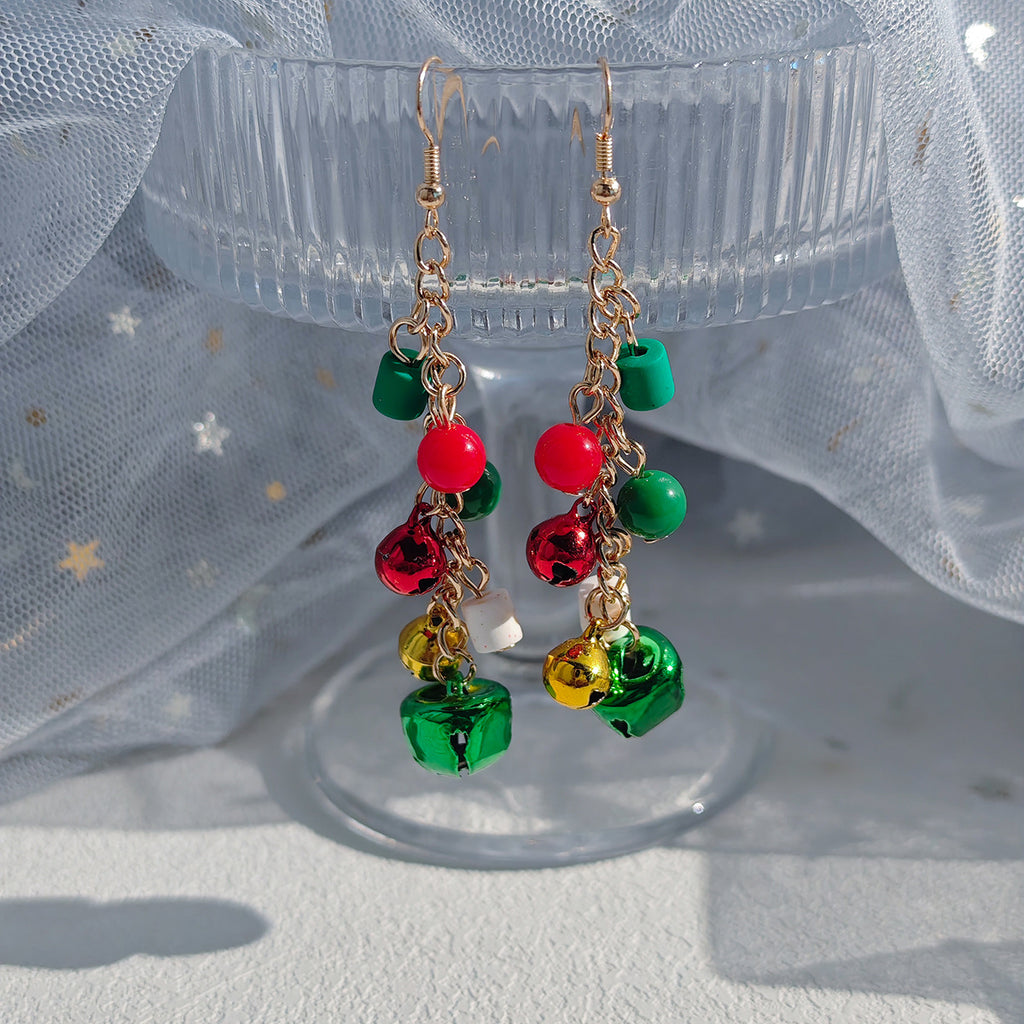 Jingle Bell Beaded Tassel Drop Earrings - Green - 3