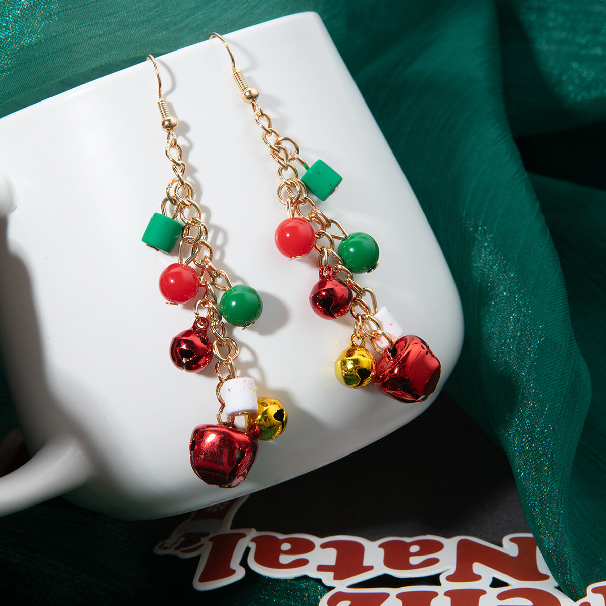 Jingle Bell Beaded Tassel Drop Earrings - Red - 2