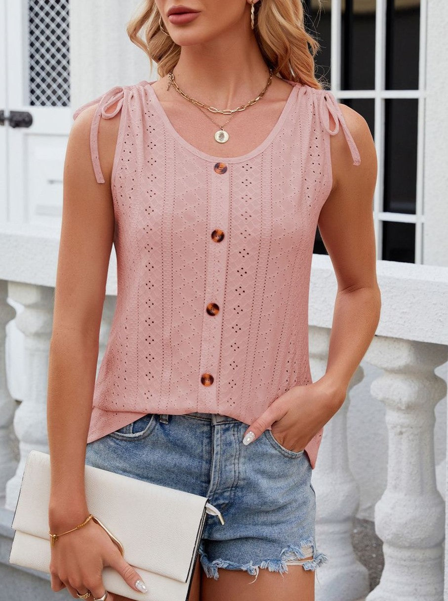 Eyelet Knit Tie Shoulder Button Tank Top - Darkpink - 1