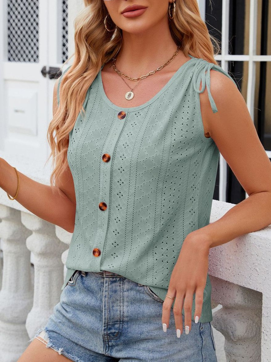Eyelet Knit Tie Shoulder Button Tank Top - Green