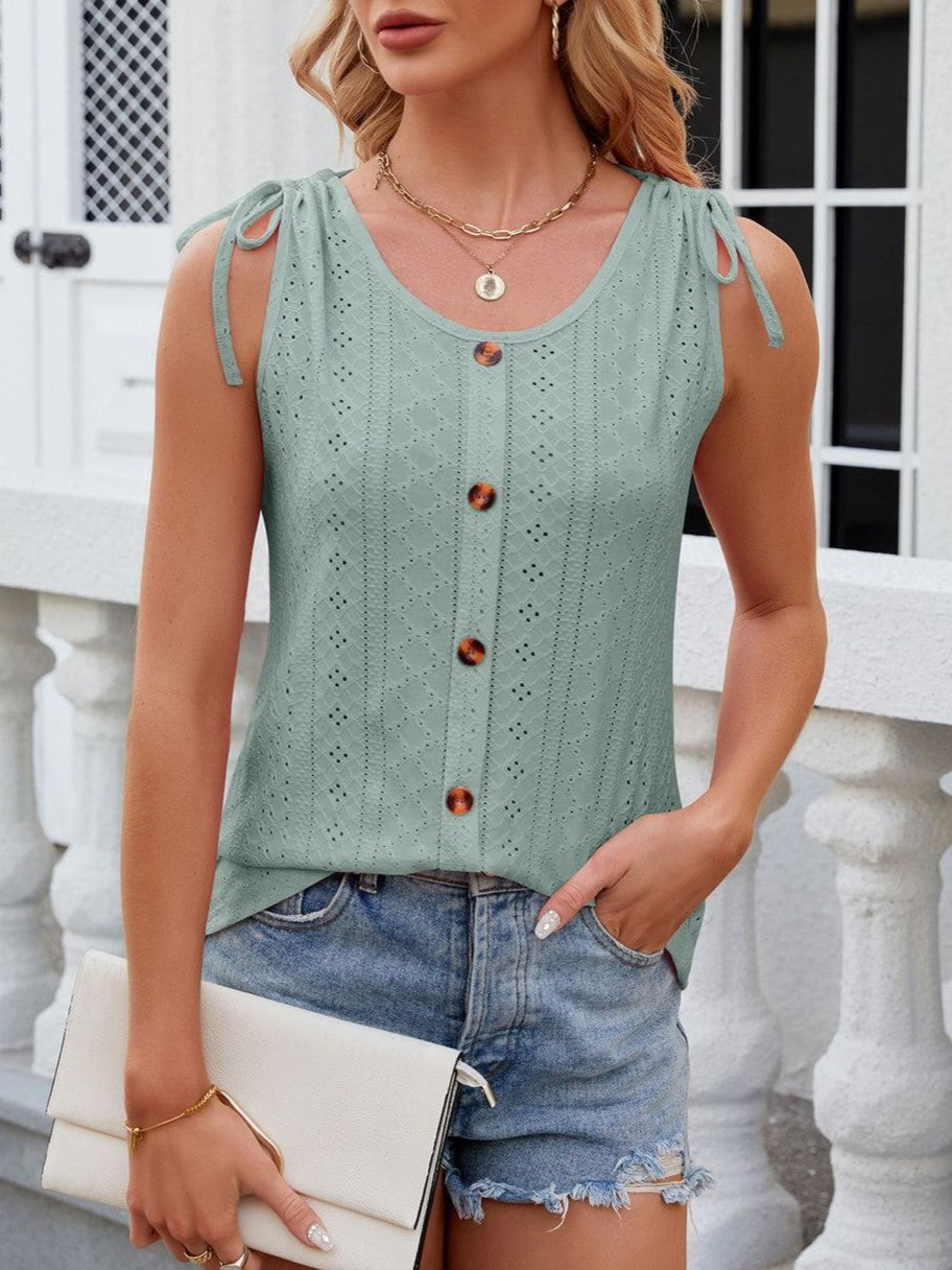 Eyelet Knit Tie Shoulder Button Tank Top - Green - 1
