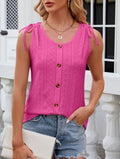 Eyelet Knit Tie Shoulder Button Tank Top - Rosered