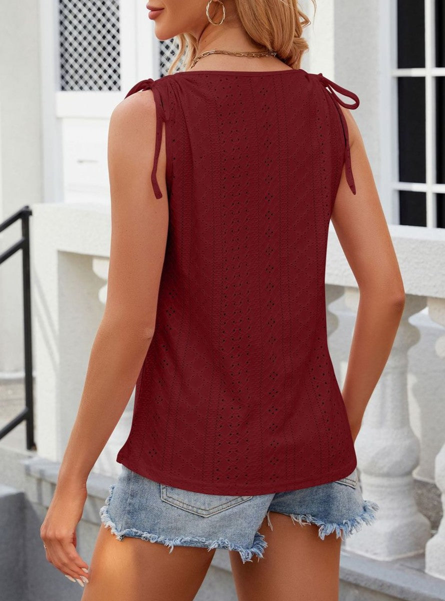 Eyelet Knit Tie Shoulder Button Tank Top - Winered - 1