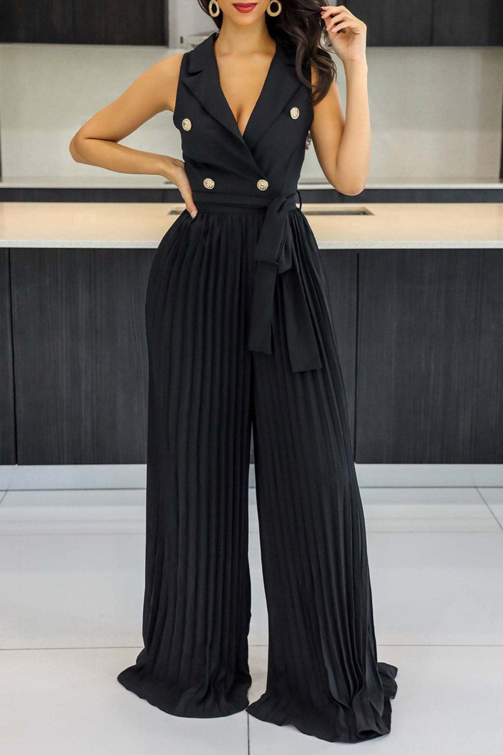 Double Breasted Lapel Pleated Wide Leg Jumpsuit - Black