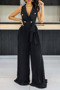 Double Breasted Lapel Pleated Wide Leg Jumpsuit - Black
