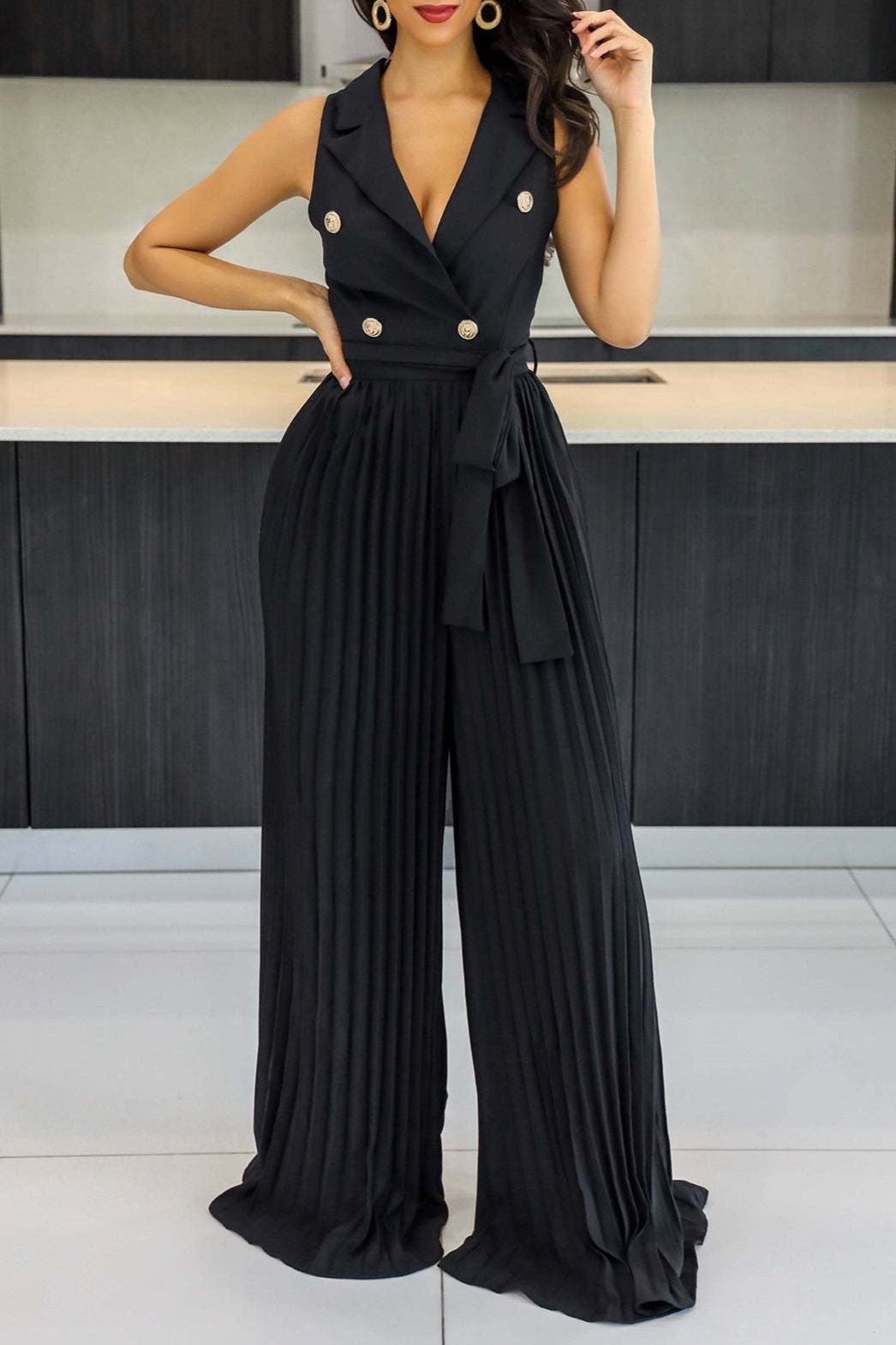Double Breasted Lapel Pleated Wide Leg Jumpsuit - Black