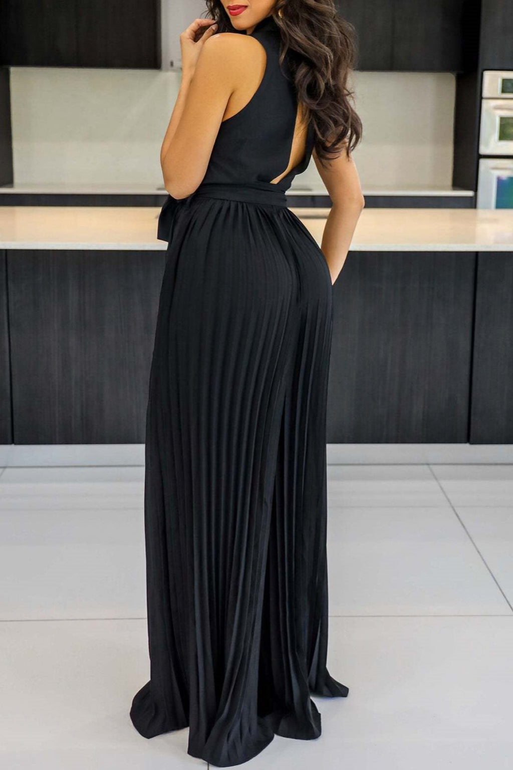 Double Breasted Lapel Pleated Wide Leg Jumpsuit - Black - 1